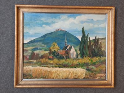 peinture représentant un paysage avec, en arrière-plan, une église sur une colline