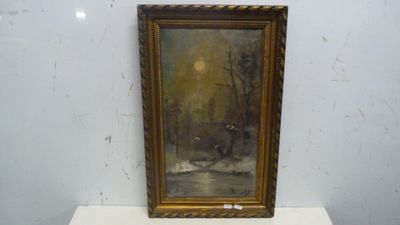 une peinture à l'huile représentant un paysage avec une rivière au premier plan