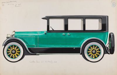 drawing of a green car with yellow rims on a white background