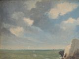 a painting of a rocky shore with a boat in the water