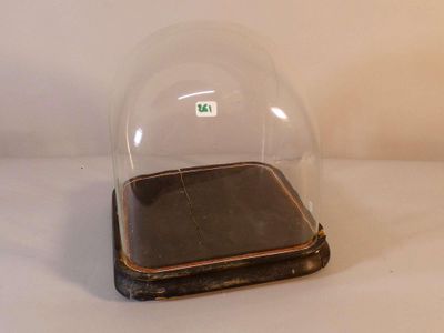 une cloche en verre reposant sur un socle en bois, posée sur une surface blanche
