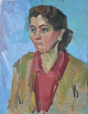 une peinture à l'huile représentant une femme vêtue d'un t-shirt rouge et d'une veste jaune