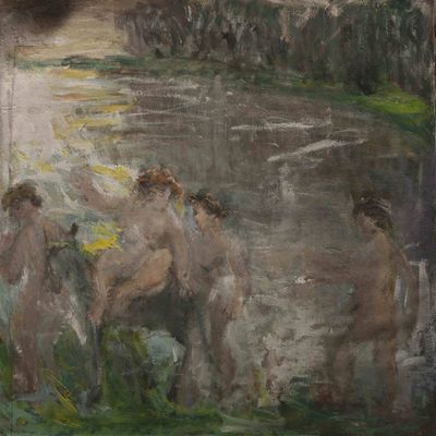 un tableau représentant un groupe de nus se baignant dans une rivière