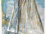 a painting of a sailboat on the water with a map in the background