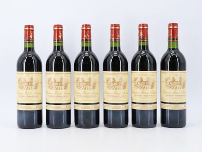 six bouteilles de vin rouge alignées
