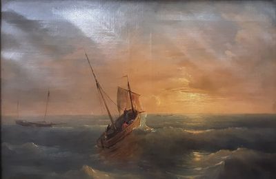 "Voilier en pleine mer avec coucher de soleil".