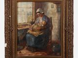 une peinture à l'huile représentant une femme assise sur une chaise, tenant un bébé dans ses bras