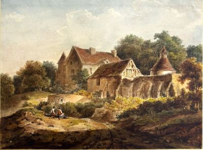 une reproduction d'un tableau représentant une scène de ferme avec deux chevaux
