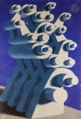 a blue and white poster with a bunch of letters on it