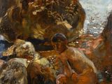 une peinture à l'huile représentant un homme assis sur un rocher au bord d'un plan d'eau