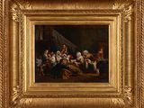 une peinture représentant un groupe de personnes assises autour d'une table