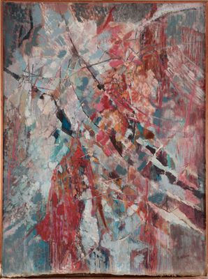 une peinture à l'huile représentant une femme en robe rouge tenant une épée