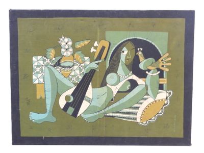 a picture of a painting of a woman playing a guitar