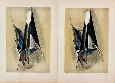 deux dessins en noir et blanc représentant des formes abstraites sur fond jaune
