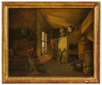 une peinture à l'huile représentant un homme travaillant dans une cuisine, entouré de casseroles et de poêles