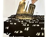 an image of a poster with hands reaching out of the top of a building
