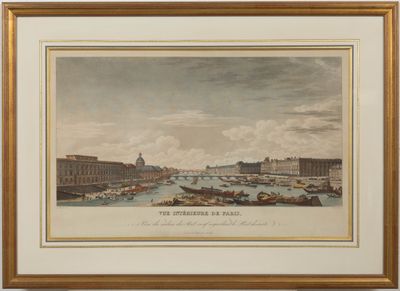 un tableau représentant une vue sur une rivière avec des bateaux