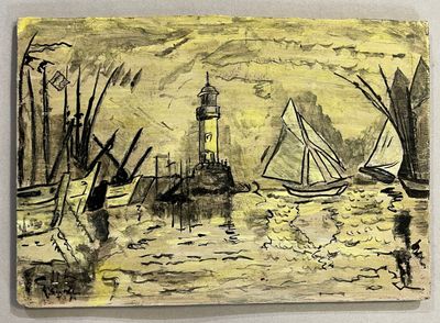 painting of a lighthouse and boats in a body of water