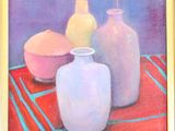 a painting of three vases and a lemon on a table