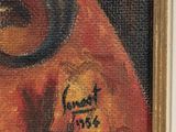 an oil painting of a woman ' s face with a hat on her head