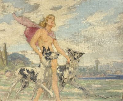 un tableau représentant une femme et deux chiens sur la plage