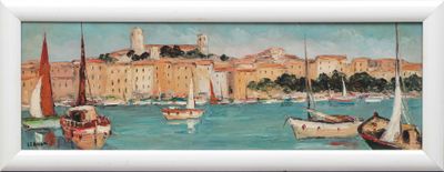 a painting of boats in a harbor with buildings in the background