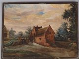 une vieille peinture représentant une scène de campagne avec une maison et un portail