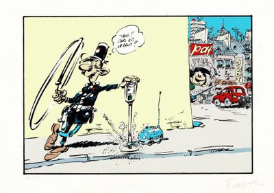 political cartoon of a man in a top hat throwing a frisbee at a parking meter