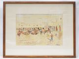 tableau représentant une scène de plage avec des personnes sur le sable et d'autres dans l'eau