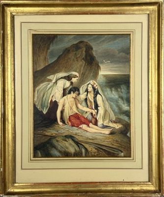 une image représentant un tableau où l'on voit une femme et deux hommes assis sur un rocher