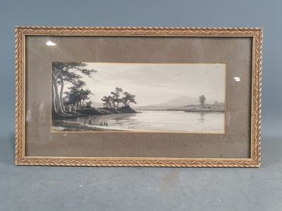 une vieille image représentant un paysage fluvial avec un bateau sur l'eau