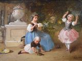 two children that are playing with a ball in a painting