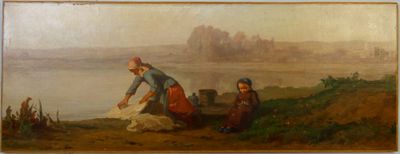 une image représentant un tableau où l'on voit une femme et deux enfants au bord d'une rivière