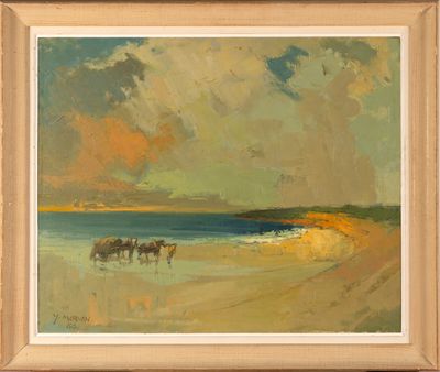 an oil painting of horses walking on a beach near the ocean
