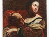 a painting of a woman in a red dress holding a fan