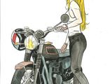 dessin représentant une femme debout à côté d'une moto, la main posée sur le guidon