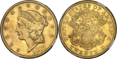 a gold coin with a woman ' s head and eagle on it