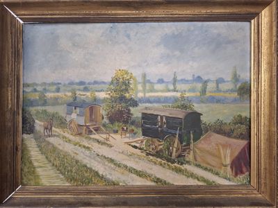 une peinture à l'huile d'une scène de ferme avec une voiture à cheval