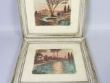 two framed pictures of a landscape with a river and trees