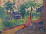 an oil painting of a woman sitting on a bench in front of a tree