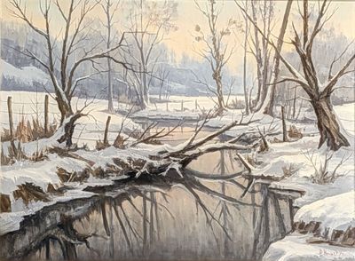 painting of a stream running through a snow covered forest