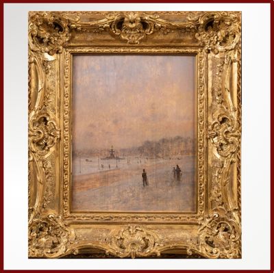 une image représentant un tableau où l'on voit des personnes marchant sur une plage enneigée