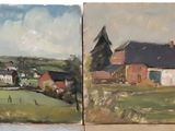 two paintings of a farm and a farm house in a field