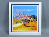un tableau représentant un arbre devant une maison située sur une colline