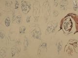 drawing of a group of people with faces drawn on a sheet of paper