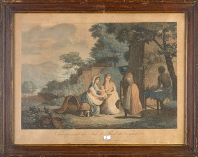 painting of a family gathering in a wooded setting with a dog