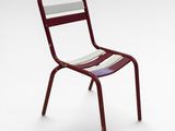 an image of a red chair with a striped seat and back