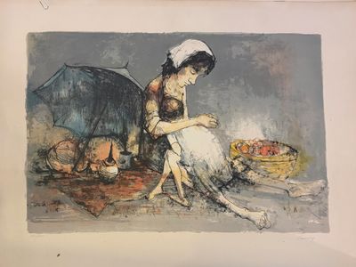 un tableau représentant une femme assise par terre avec un parapluie