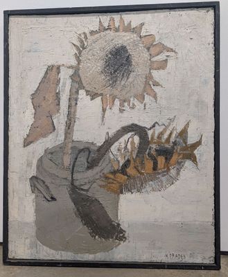 un tableau représentant un vase contenant un tournesol