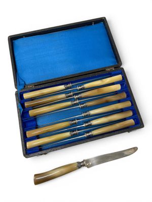 six knives in a box with a blue case